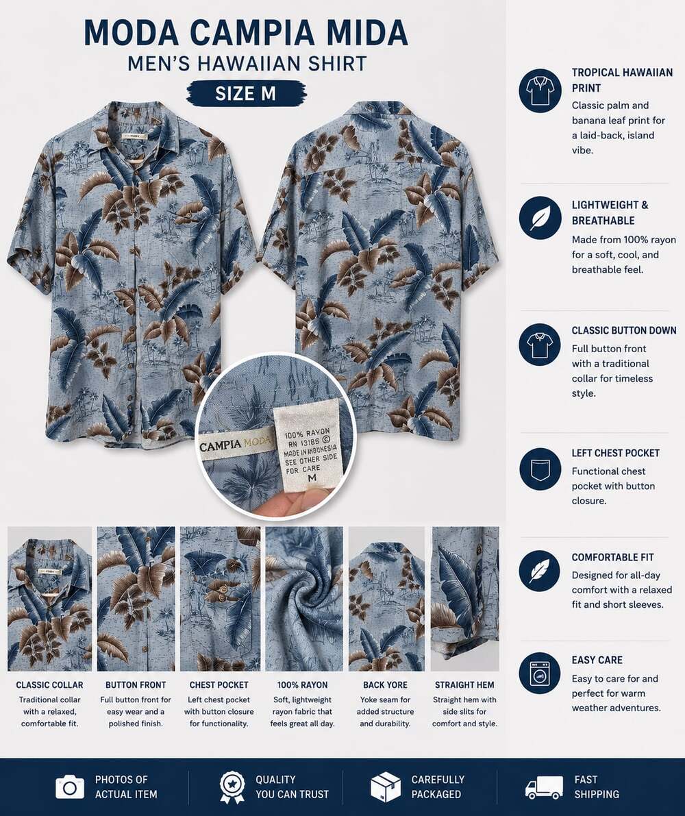 Campia Moda Men's Hawaiian Tropical Print Rayon Short Sleeve Shirt Size M